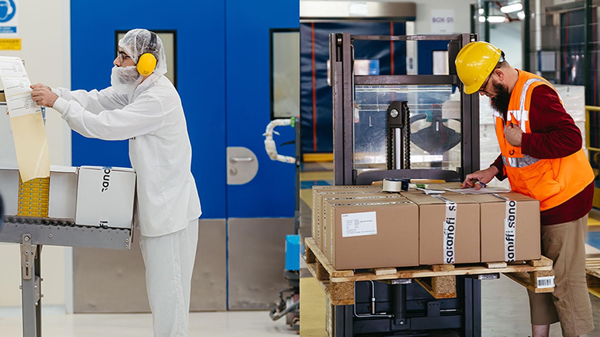 Collage montrant deux scènes industrielles : à gauche, un technicien en équipement de protection manipulant une machine cylindrique métallique ; à droite, deux opérateurs en gilets haute visibilité et casques utilisant des chariots élévateurs dans un entrepôt de stockage