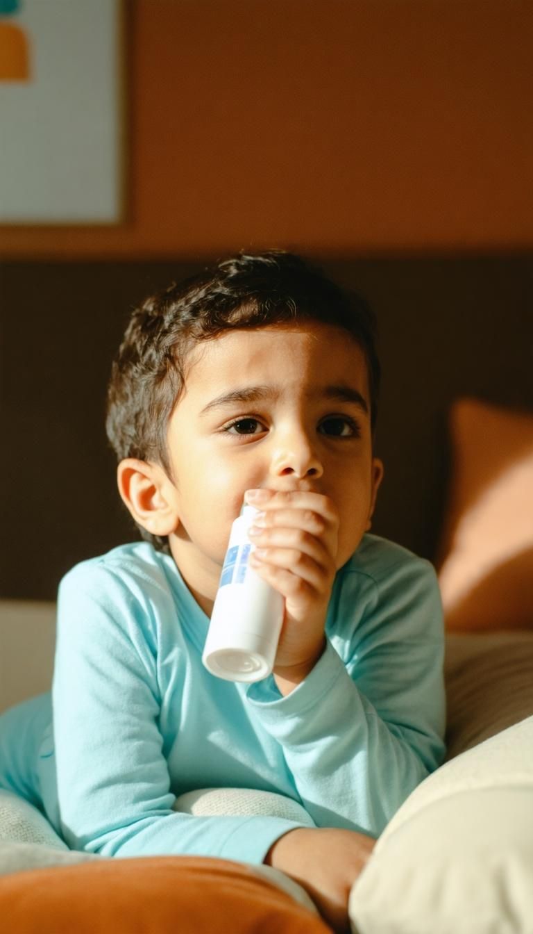 Niño usando inhalador en casa