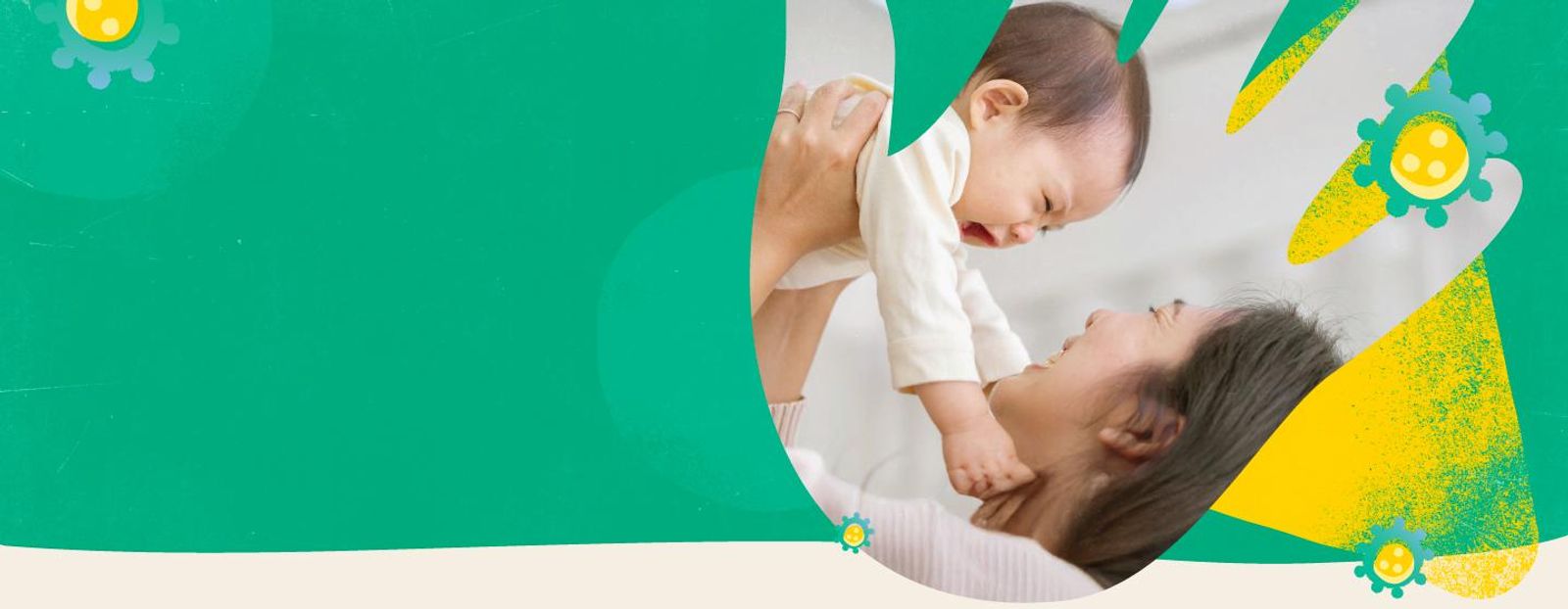 Hero banner featuring the title alongside an image of a laughing mother holding her baby in the air