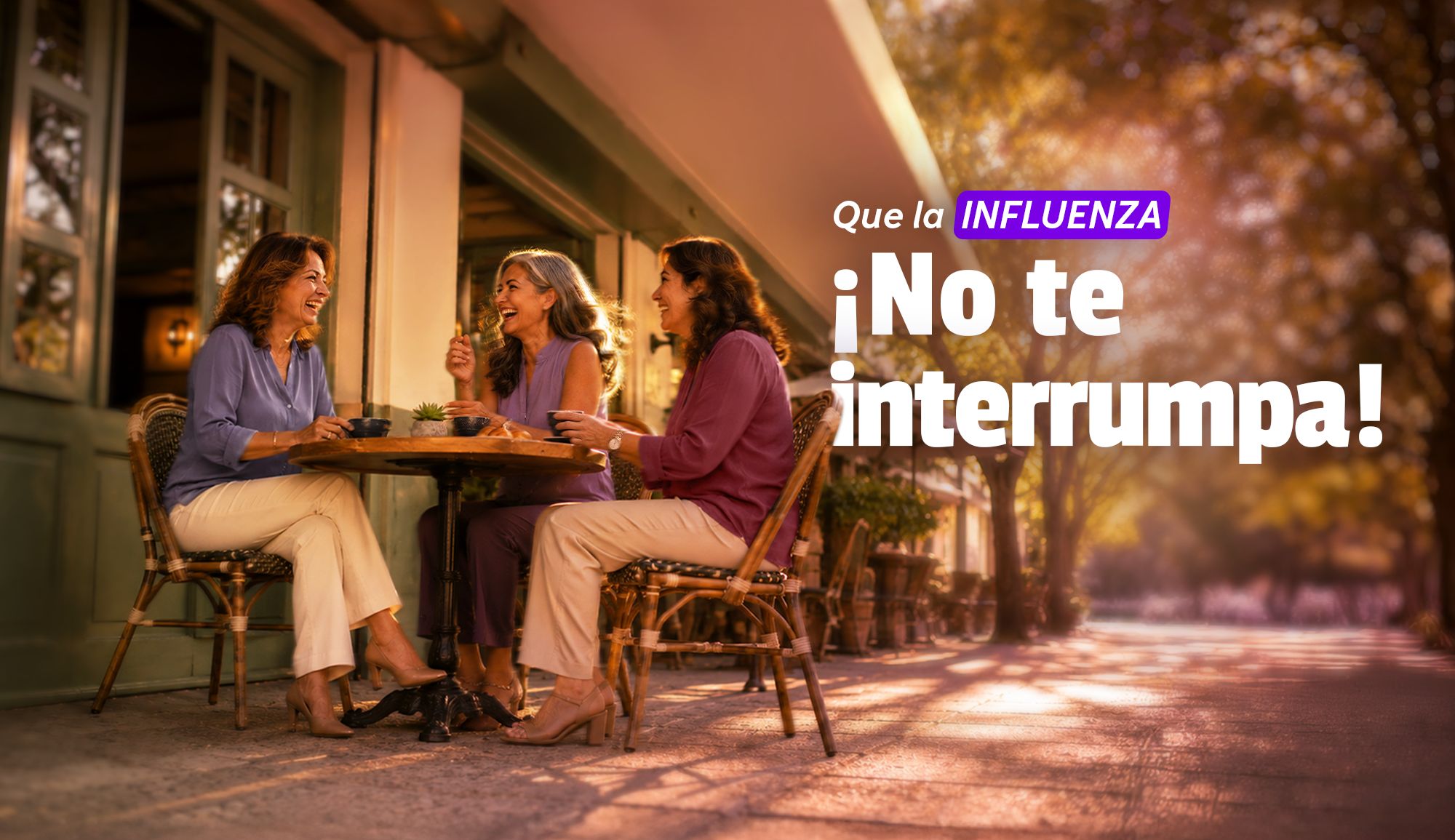 Imagen de mujeres mayores de 60 años en un café platicando con sus amigas con texto "que la influenza no te interrumpa"