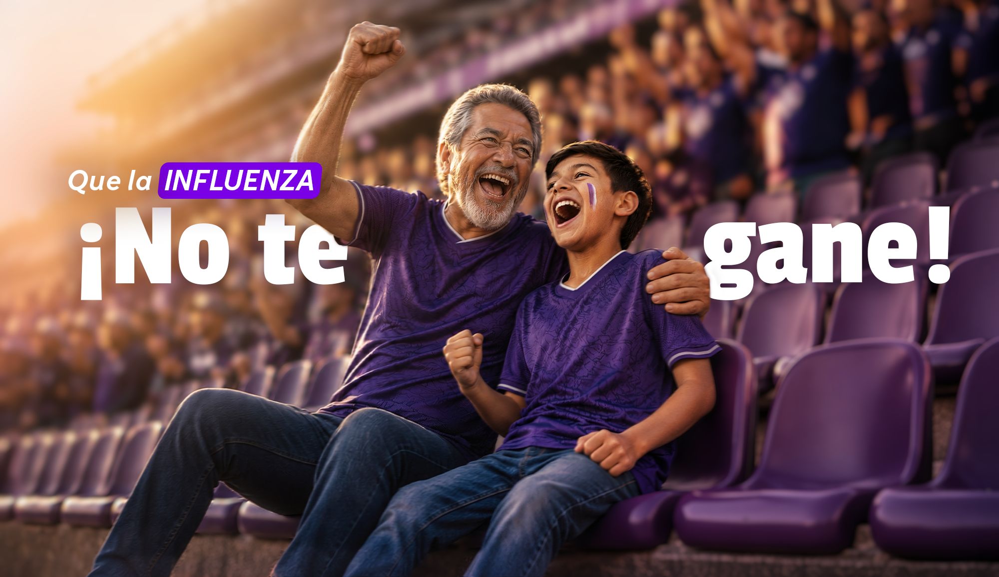 Abuelo y nieto en el estadio viendo un partido con el texto "que la influenza ¡no te gane!"