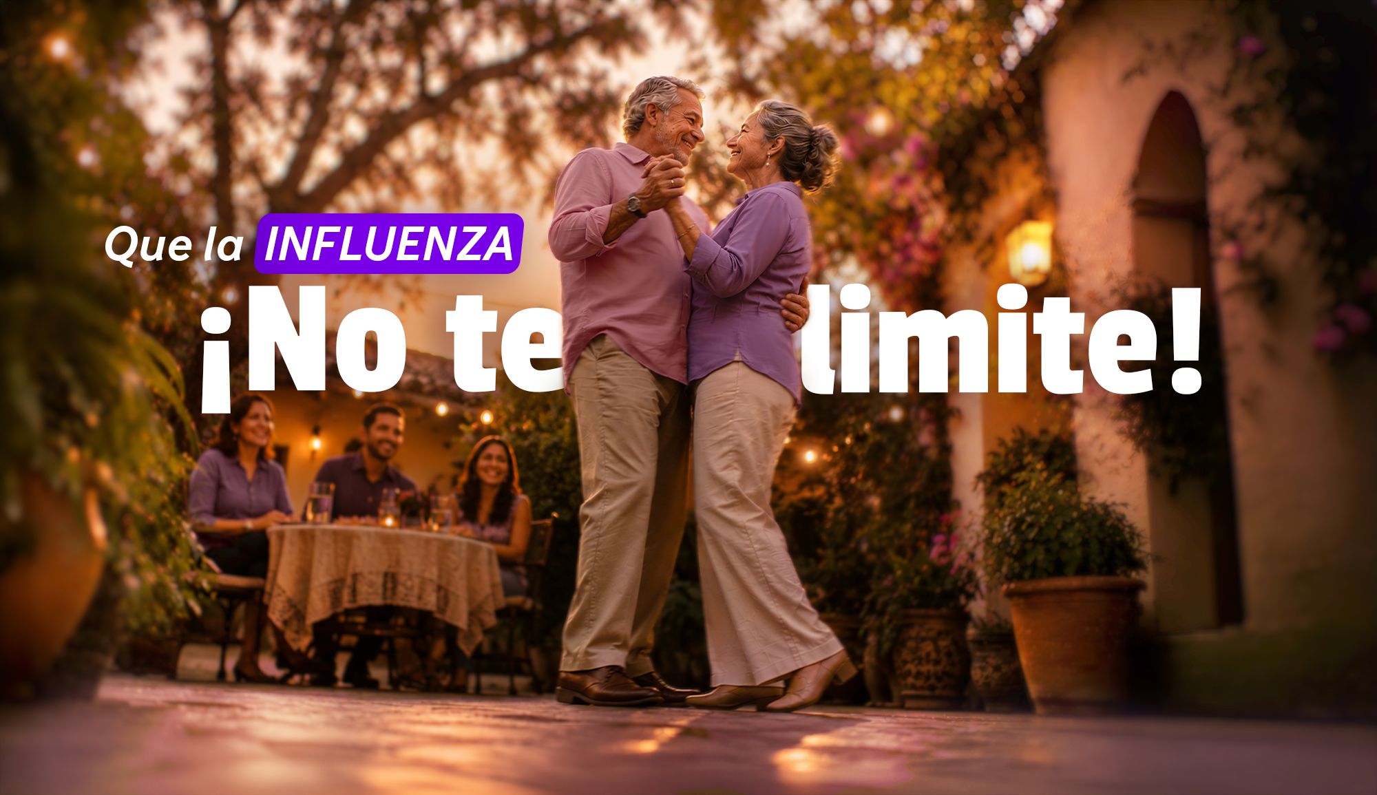 Pareja mayor de 60 años bailando un vals con un texto de fondo "que la influenza ¡no te limite!"