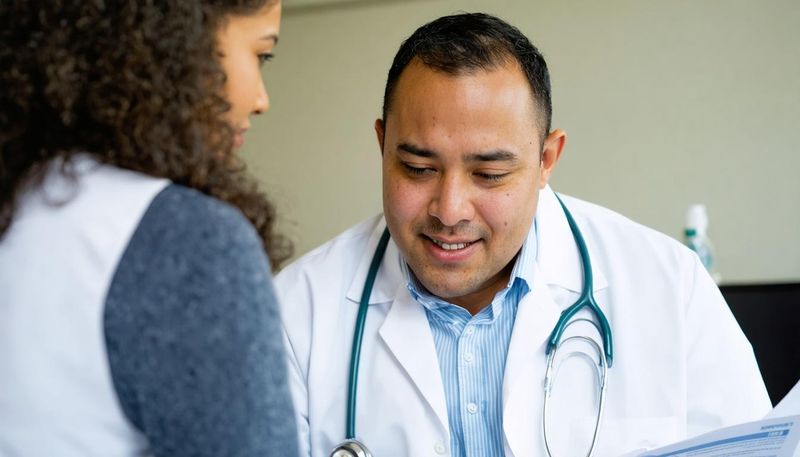 Médico con bata blanca y estetoscopio verde revisando documentos médicos mientras consulta con una paciente de cabello rizado que viste blusa gris y blanca, en un ambiente clínico