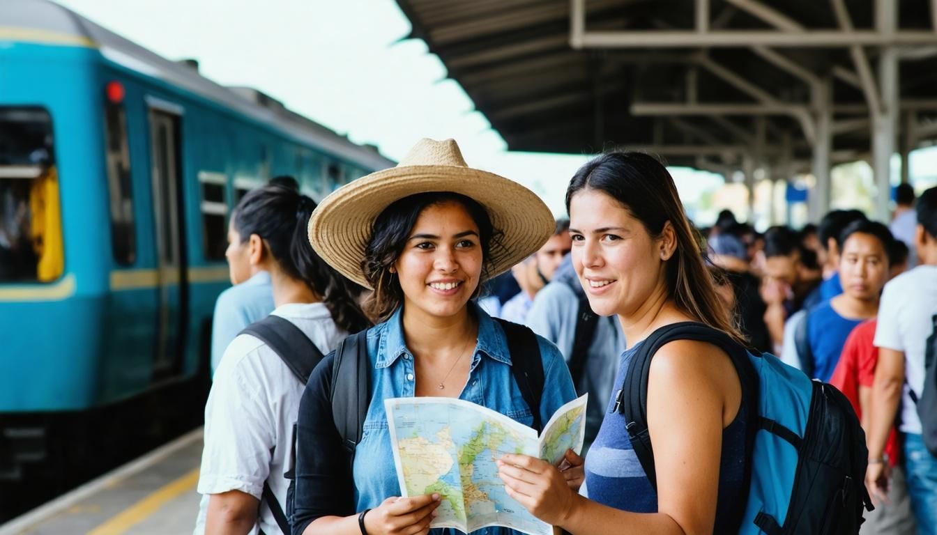 Mujer joven sosteniendo un mapa con su madre en una estación de tren. Imagen generada con AI