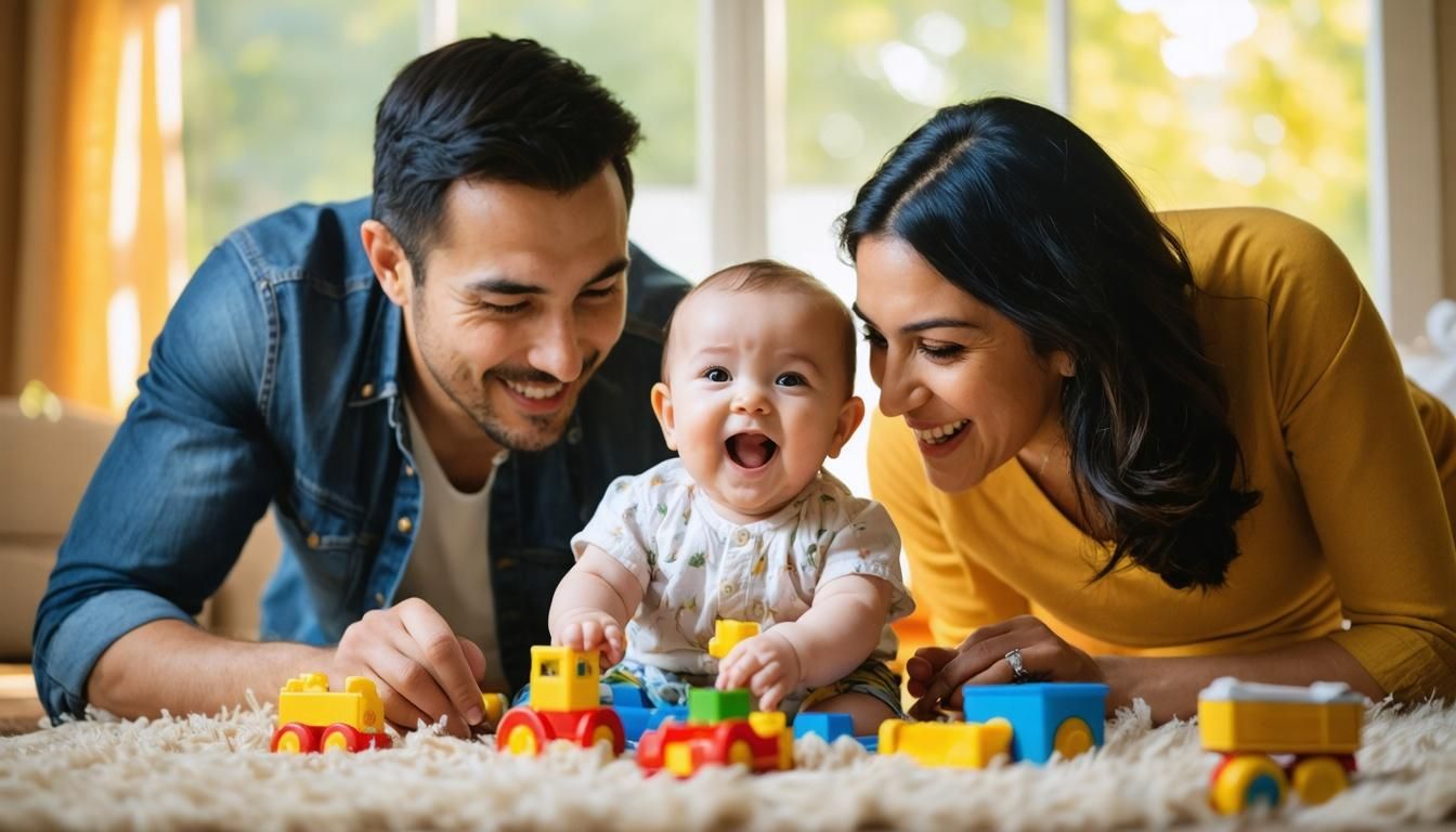 Papás jugando con su hijo menor de dos años, acostados en la sala de su casa