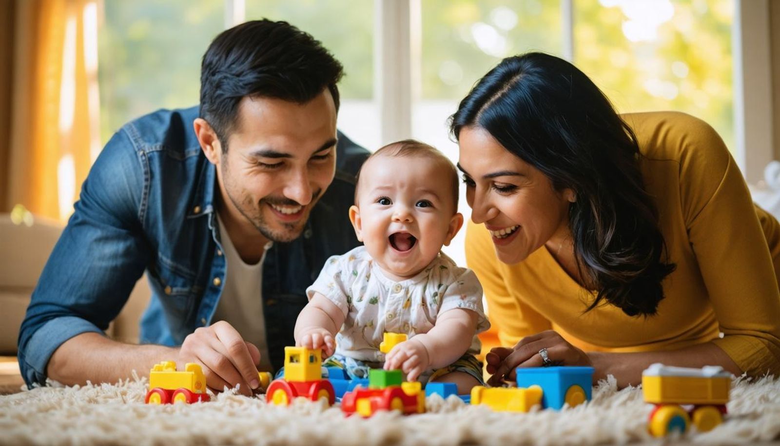 Papás jugando con su hijo menor de dos años, acostados en la sala de su casa