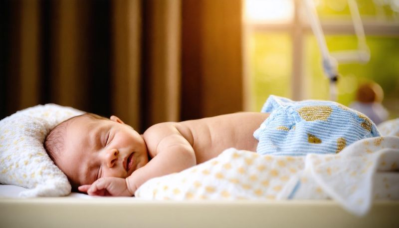 Bebé recién nacido durmiendo plácidamente de lado sobre almohada blanca con patrones azul claro, vistiendo mameluco con estampado azul y amarillo, con luz natural suave entrando por la ventana