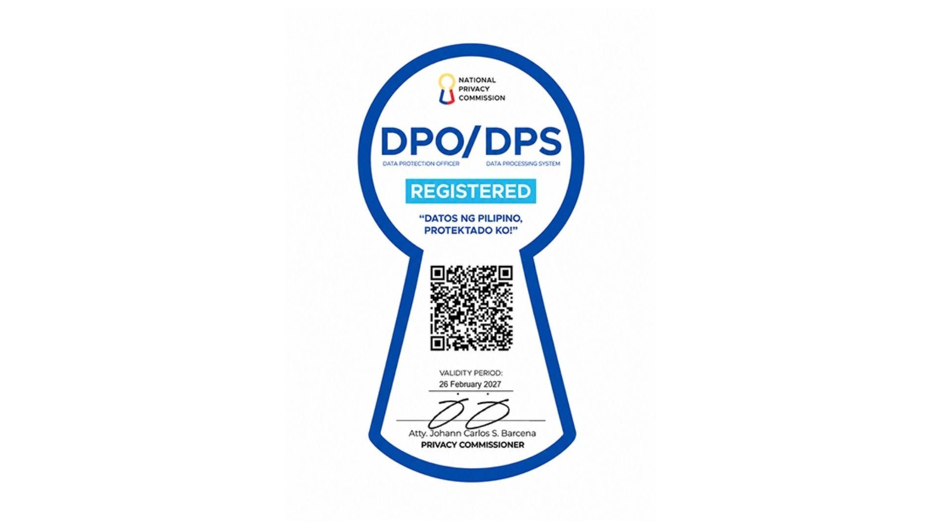 National Privacy Commission Data Protection Officer/Data Processing System (DPO/DPS) Registration, valid until 26 February 2027, signed by Privacy Commissioner Atty. Johann Carlos S. Barcena