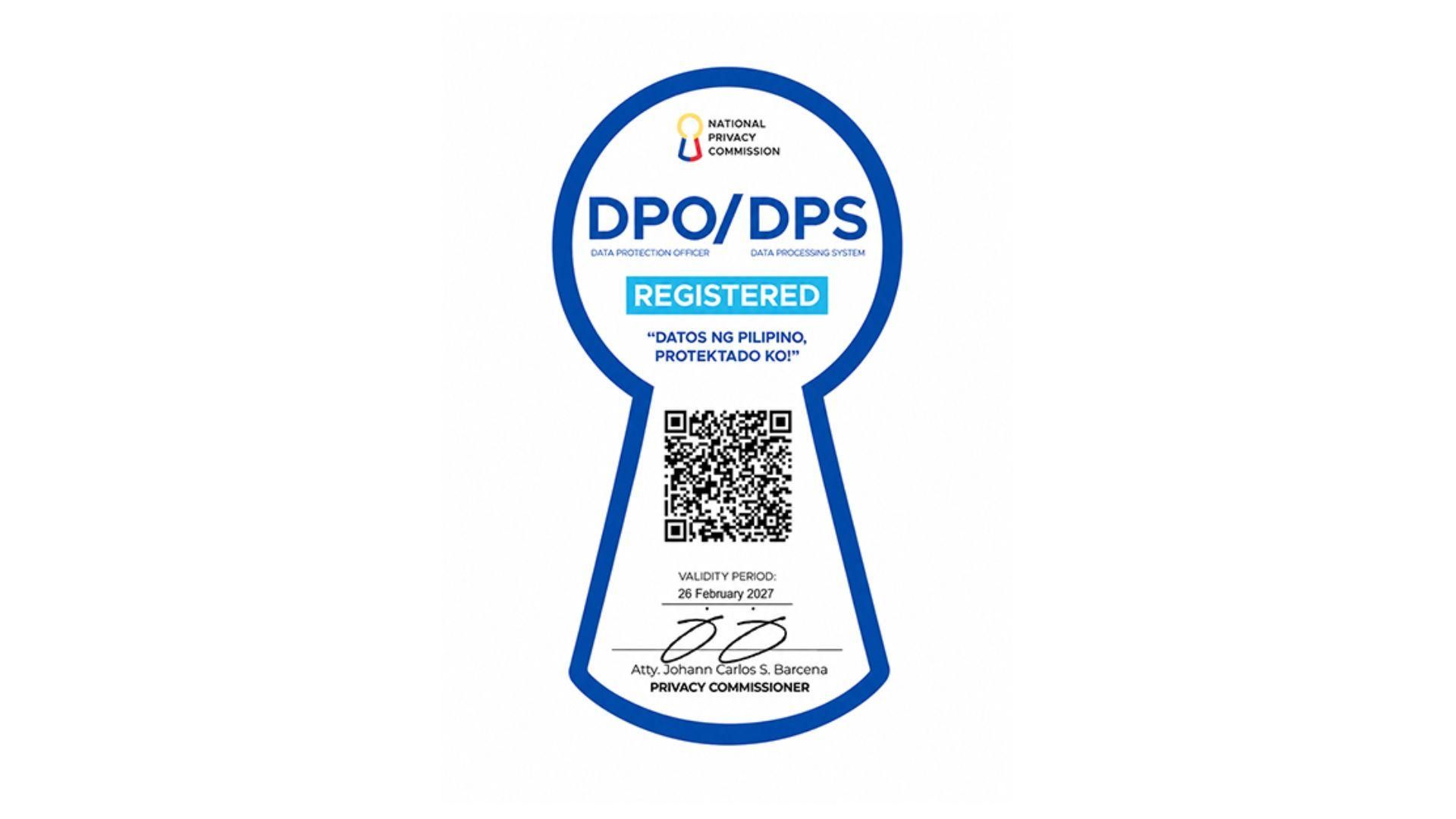 National Privacy Commission Data Protection Officer/Data Processing System (DPO/DPS) Registration, valid until 26 February 2027, signed by Privacy Commissioner Atty. Johann Carlos S. Barcena