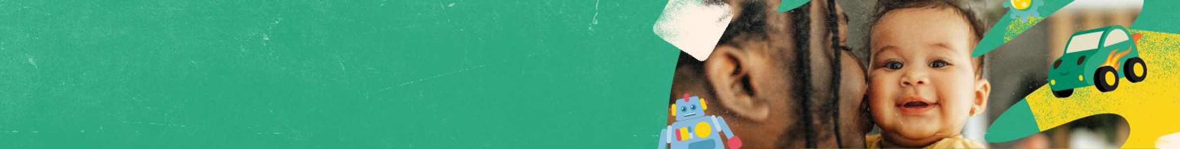 Banner donde aparece la cara de un bebé sonriente mirando a cámara junto a la cara de su madre que le sonrie mientras pega su cara a la del bebé.