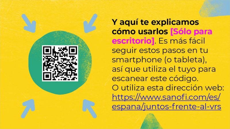 Imagen que explica cómo utilizar las pegatinas, pudiendo acceder a estos detalles a través del QR o el link indicado.
