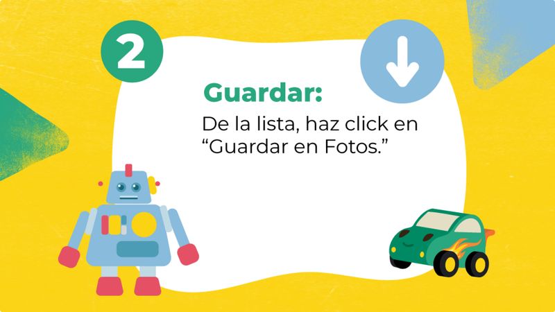Imagen que indica el segundo paso para hacer uso de las pegatinas: guarda tus favoritas haciendo click en "Guardar en fotos.