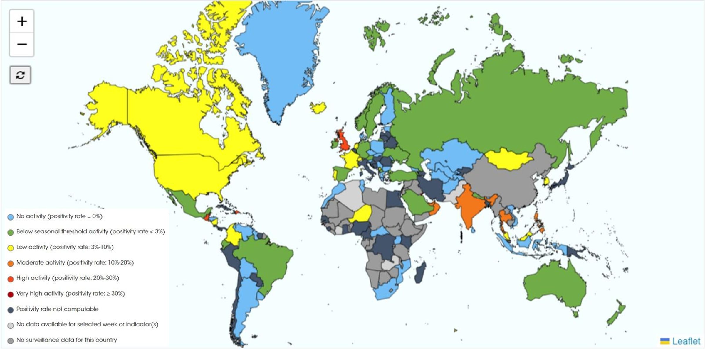 Mapa interactivo de la web EPI live! donde se muestra la tasa de positividad de VRS por país donde cada color representa un rango de positividad.