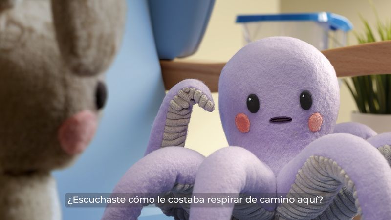 Imagen de uno de los muñecos con forma de pulpo hablando a otro con forma de conejo y que protagonizan el vídeo al que redirige la imagen.