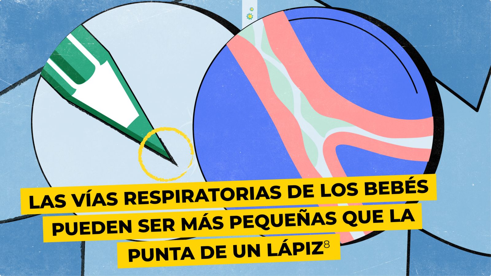 Imagen comparativa entre las vías respiratorias de un lactante y una punta de un lápiz, resaltando el posible mayor tamaño de esta última.
