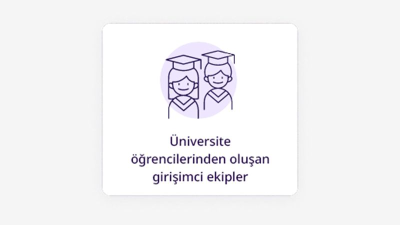 Cübbe ve kep giymiş kısa düz saçlı bir kız ve yine cübbe ve kep giymiş bir erkek ikonu altında "Üniversite öğrencilerinden oluşan girişimci ekipler" yazıyor.