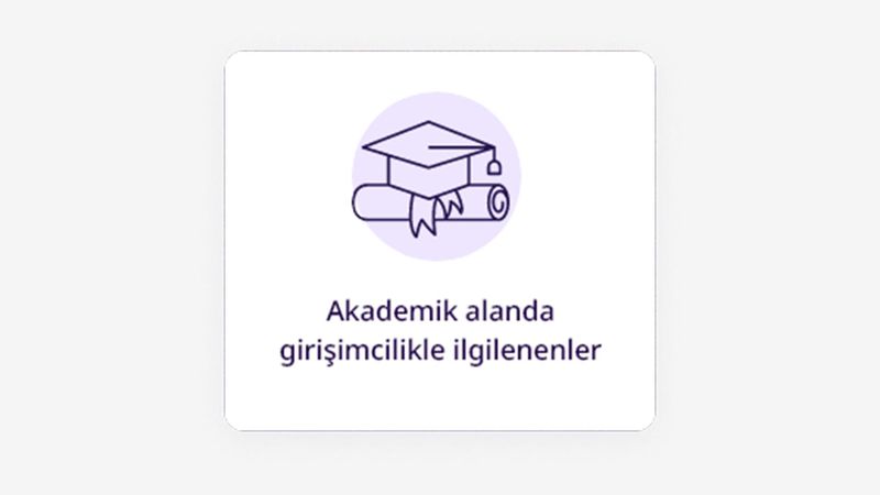 Üst üste duran bir kep ve diploma ikonları altında "Akademik alanda girişimcilikle ilgilenenler" yazıyor