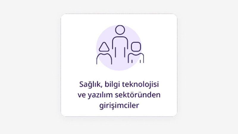 Üçgen şeklinde konumlandırılmış 3 insan ikonu, birinin kafası yuvarlak, diğerinin kafası üçgen ve üçüncünün kafası kare şeklinde. Bu ikonlar soluk mor bir dairenin içinde yer almakta. İkonların altında "Sağlık, bilgi teknolojisi ve yazılım sektöründen girişimciler" yazıyor