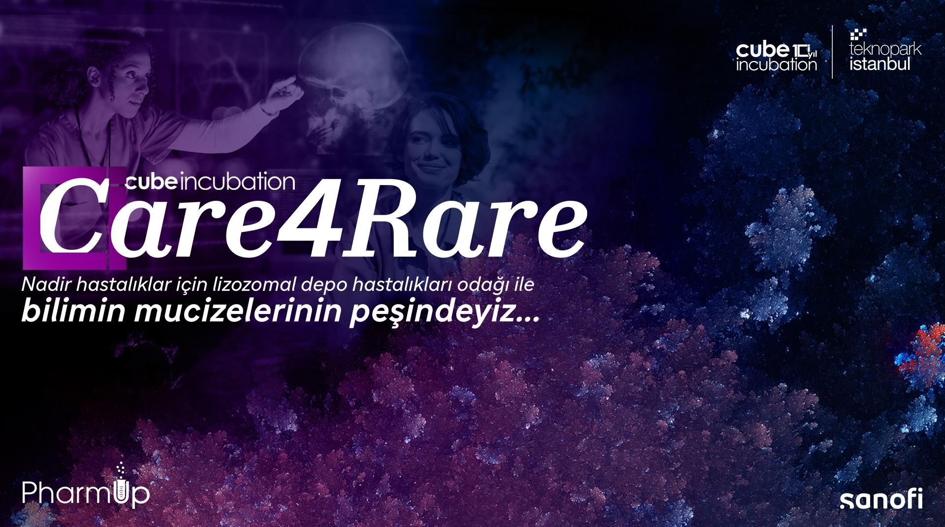 Mor ve mavi bir tasarımdan oluşan, birisi at kuyruklu ve bir ekrandaki görsele işaret eden, birisi kısa düz saça sahip gülümseyen iki kadının silik görseli üzerine "Care4Rare: Nadir hastalıklar için lizozomal depo hastalıkları odağı ile bilimin mucizelerinin peşindeyiz..." yazan ve "cube incubation", "sanofi", "PharmUp", "teknopark istanbul" logolarını da içeren bir afiş