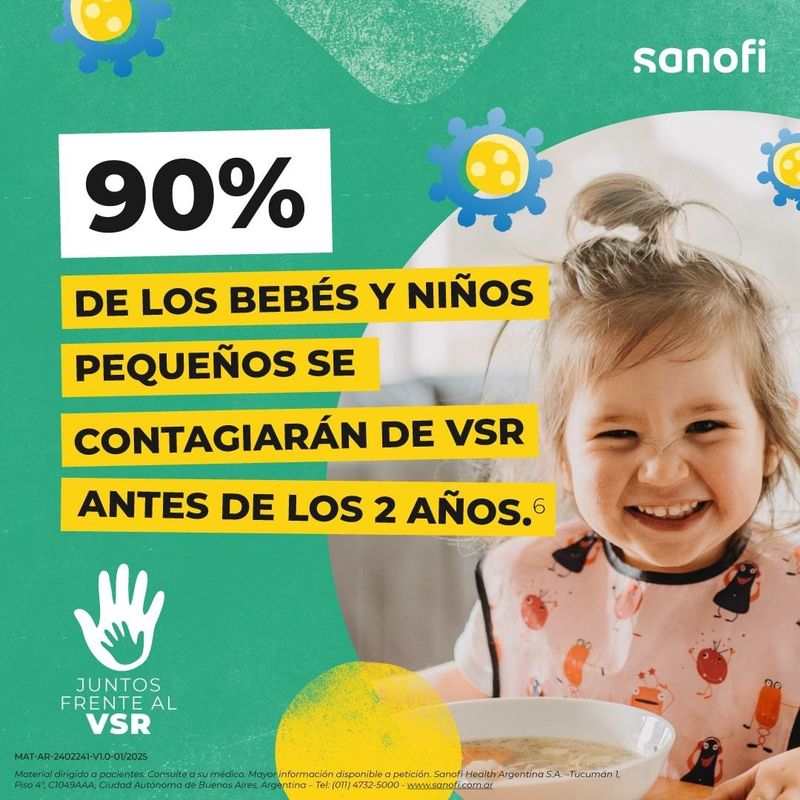 Anuncio de una niña sonriendo dando datos sobre el VSR "90% de los bebés y niños pequeños se contagiarán de VSR antes de los 2 años"