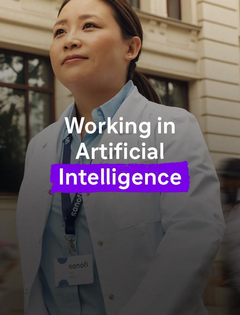 A woman in a white Sanofi lab coat and company badge outside of a building, moving forward while confidently and positively looking ahead. Several people are running alongside her in the background, they are blurred in motion.. Overlay text reads: "Working in Artificial Intelligence."
