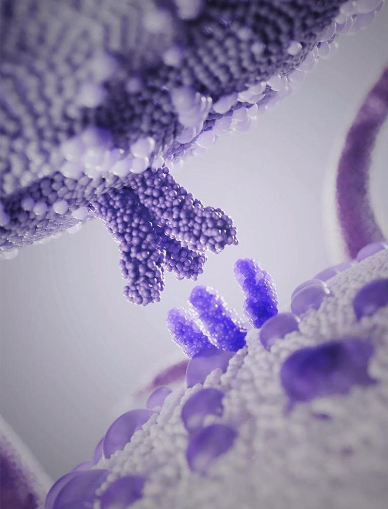 A microscopic illustration depicting purple molecular structures with three finger-like prongs each, interacting between two textured, granular surfaces. The structures vary in shape and shades of purple, made up of small molecules.