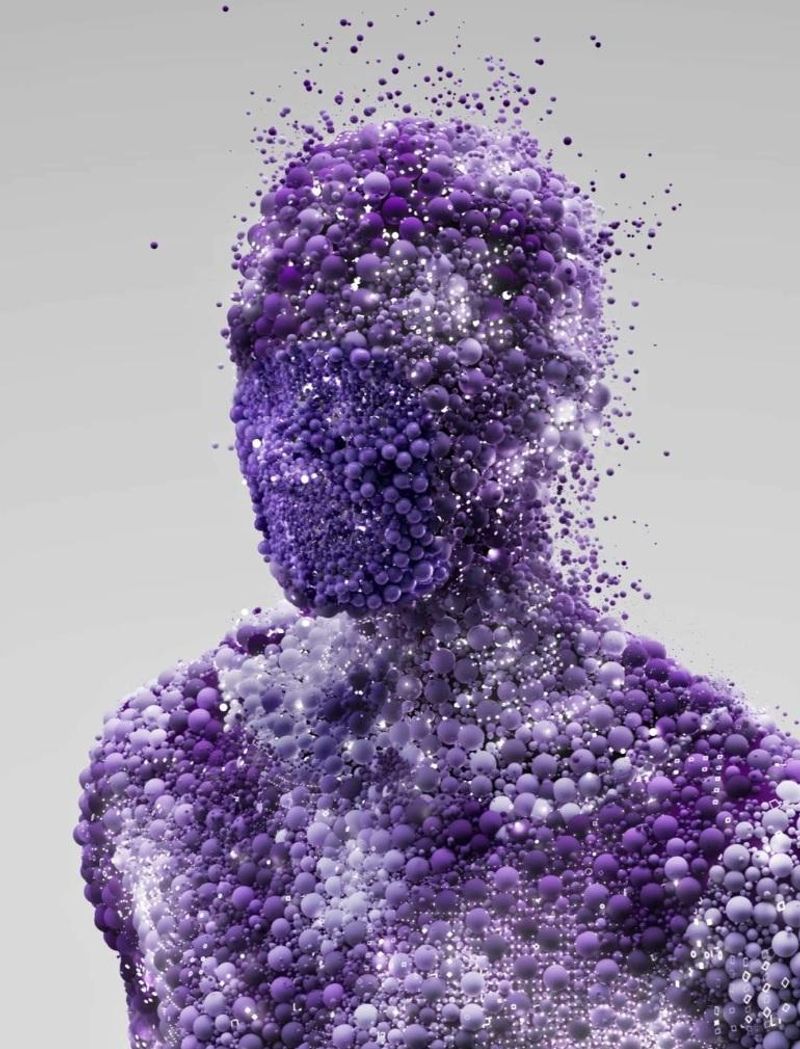 An abstract human-like figure composed of small purple molecules, with some molecules appearing to dissipate from the head and shoulders, set against a light grey background.