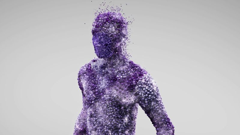An abstract human-like figure composed of small purple molecules, with some molecules appearing to dissipate from the head and shoulders, set against a light grey background.