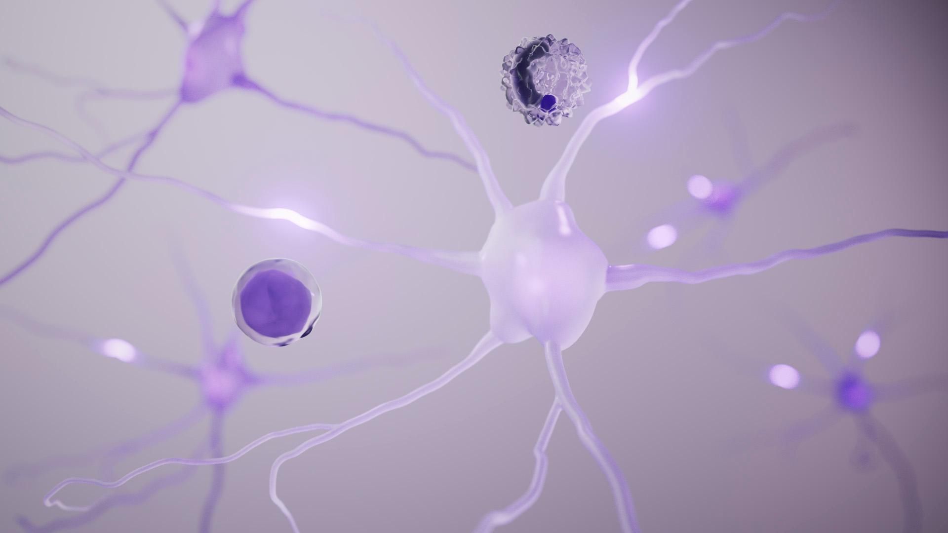 A microscopic illustration showing five purple neuron structures with glowing connections. There are two spheres set around them in different shades of purple. ​