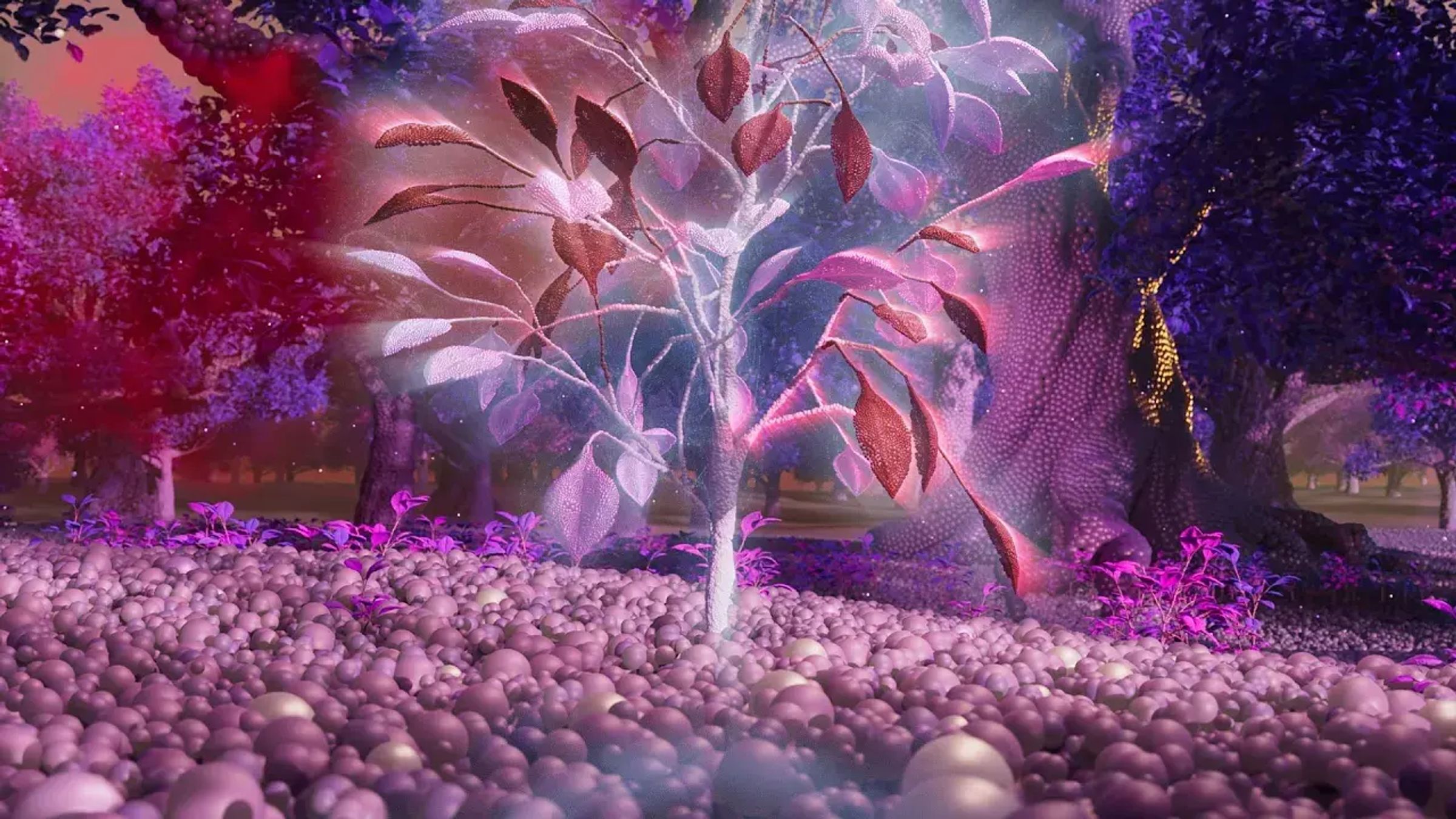 Une illustration microscopique d’une forme sphérique, avec une coupe révélant sa structure interne. La surface extérieure est recouverte de structures violettes et blanches, et à l’intérieur, un brin de molécules violet est visible.