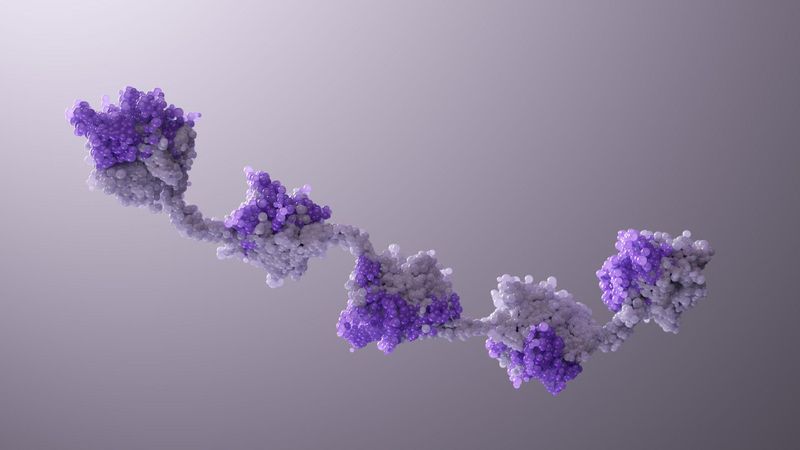 Modèle moléculaire 3D d'une molécule NANOBODY® montrant des sphères violettes et grises reliées par des liaisons sur un fond dégradé