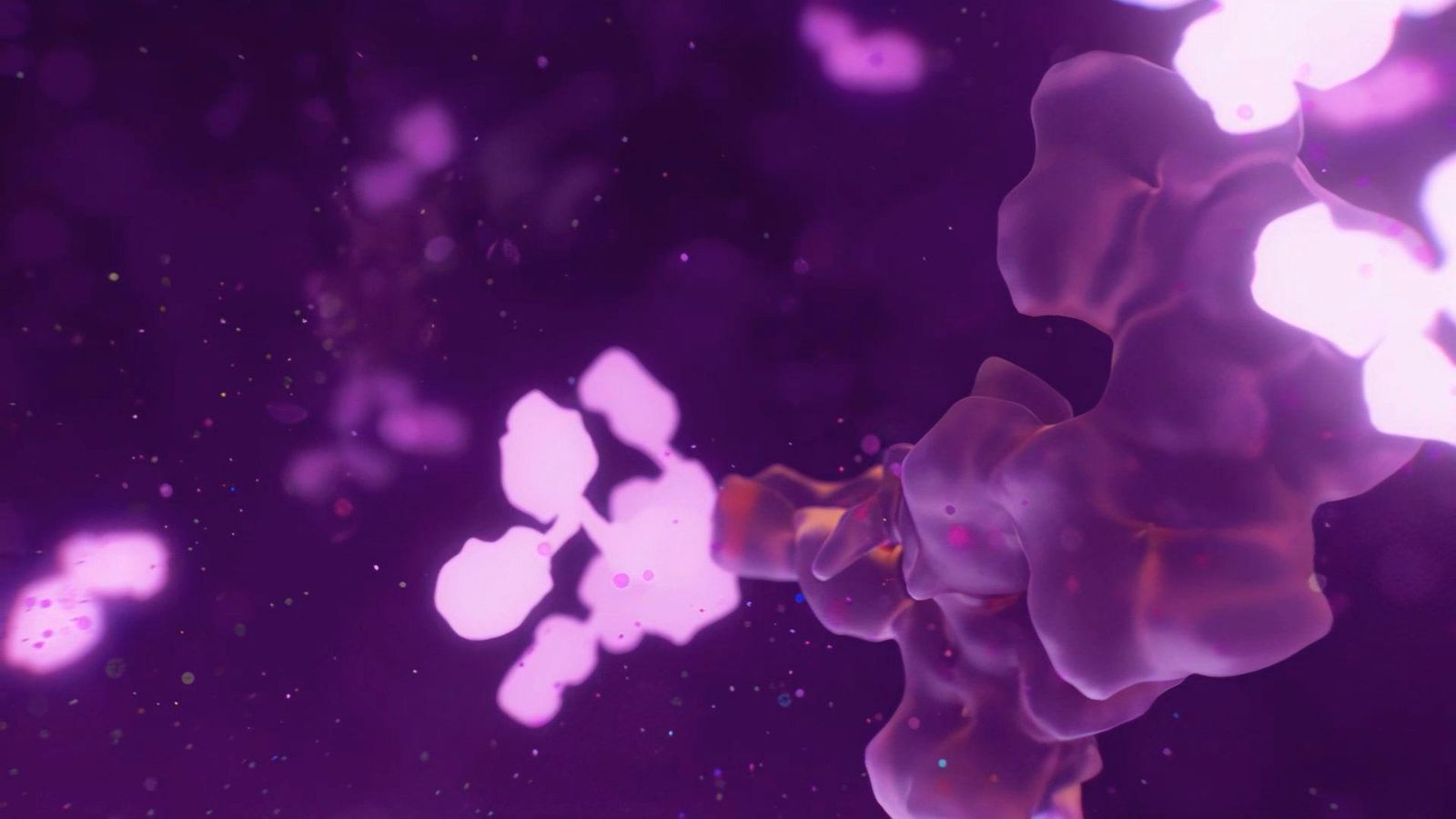 Microscopic image of an antibody, a key component of Sanofi's clinical immunology research.