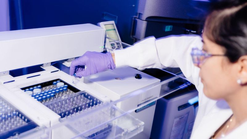 A technologist, wearing purple glove and safety glasses performing structural analysis by HDX-MS, handling samples with precision