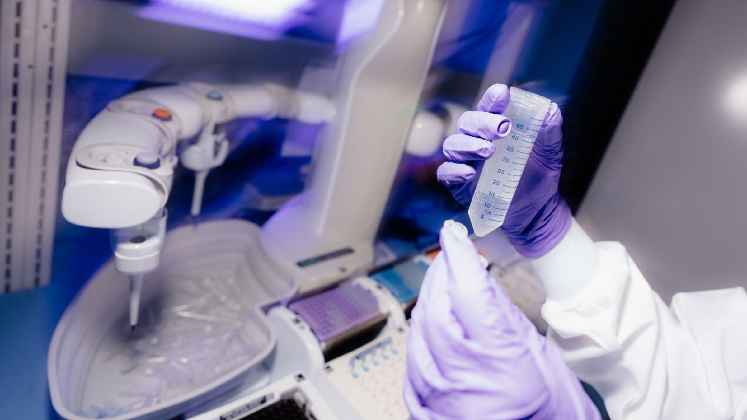Main tenant un échantillon liquide, préparation pour l'analyse par spectrométrie de masse