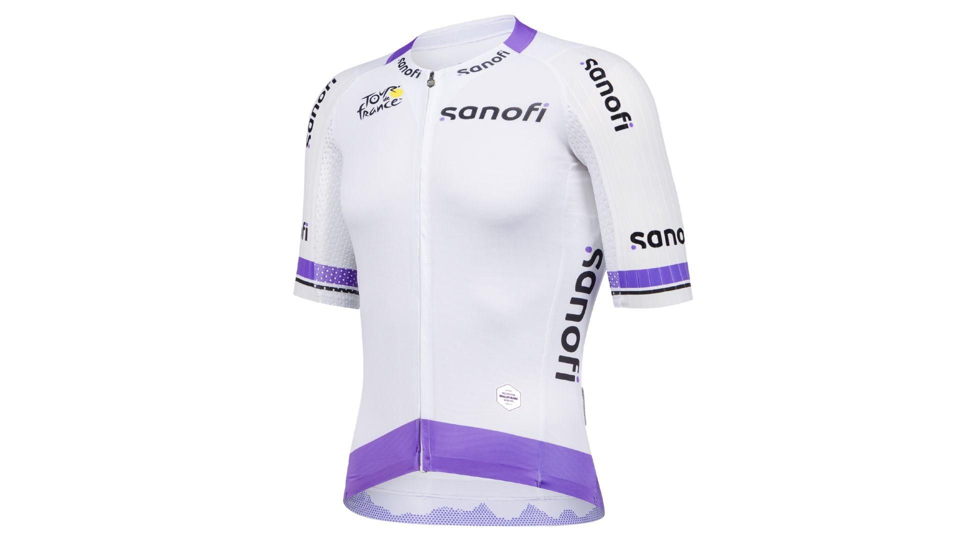 White jersey 3D mockup including stripes of purple and the sanofi logo. 
