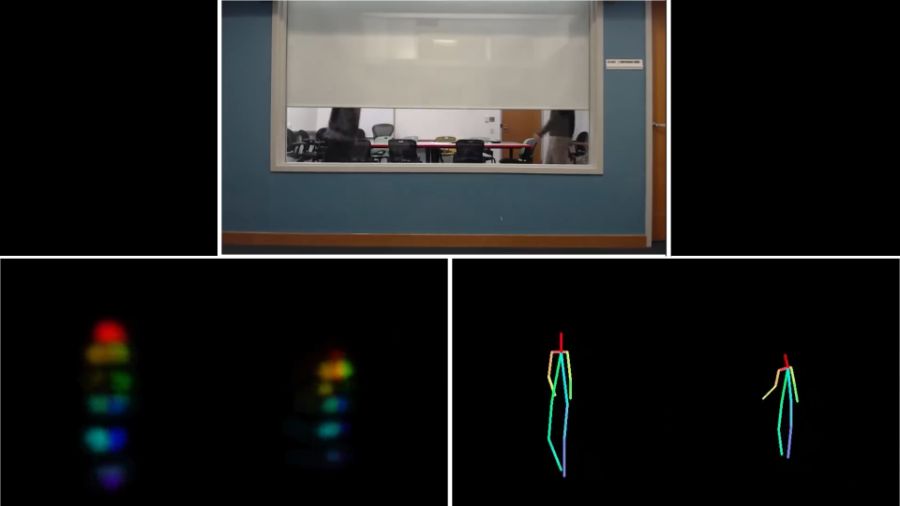 Top: People walking in a room. Bottom left and right: Wireless signals bounce of the people walking, and those signals are interpreted using machine learning. Movements and vital signs like breathing and heart rate can be measured and analyzed using this technology