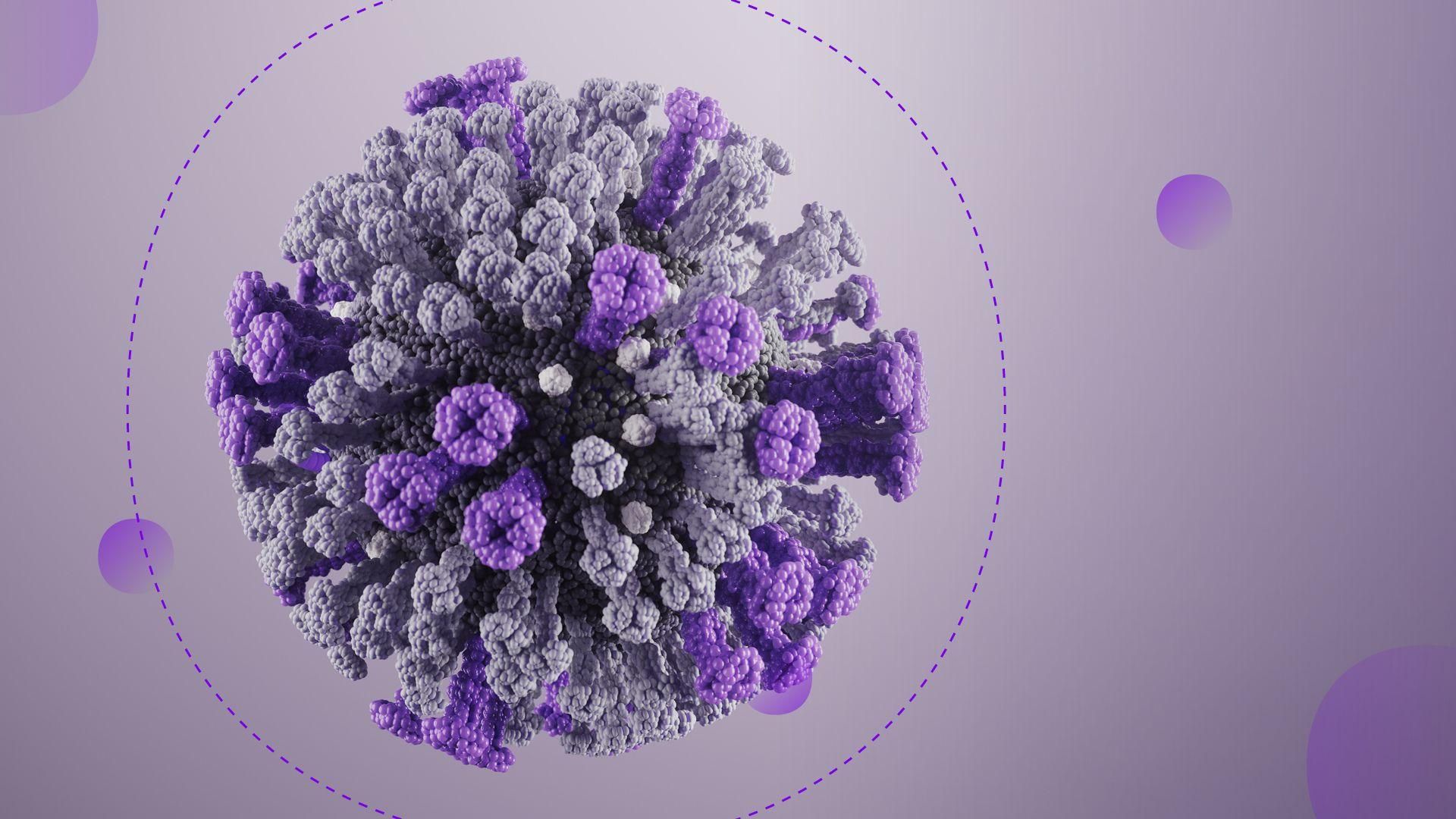 3D rendering of a purple and gray influenza virus particle on a gradient purple background