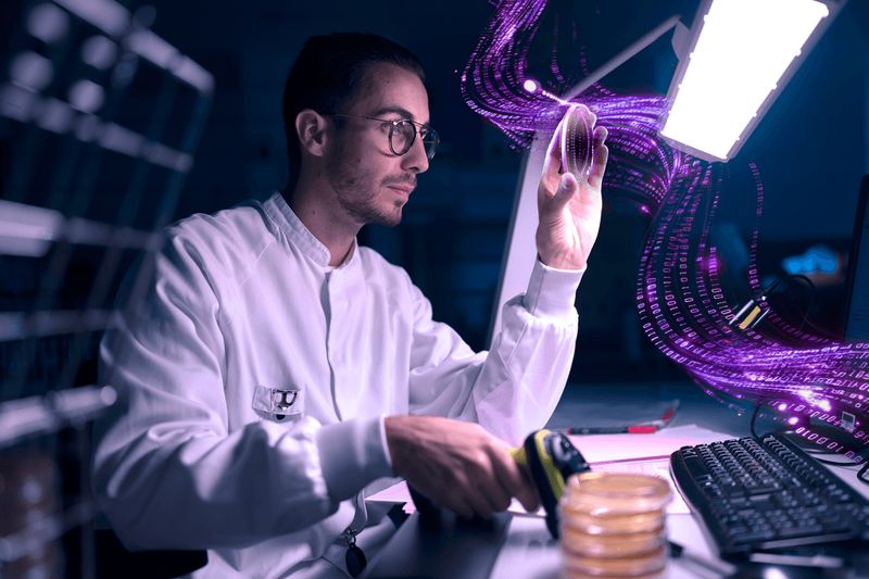 Un scientifique examine une boîte de pétri sous une lumière vive dans un laboratoire. Des flux de données numériques s’en échappent vers un écran d’ordinateur.