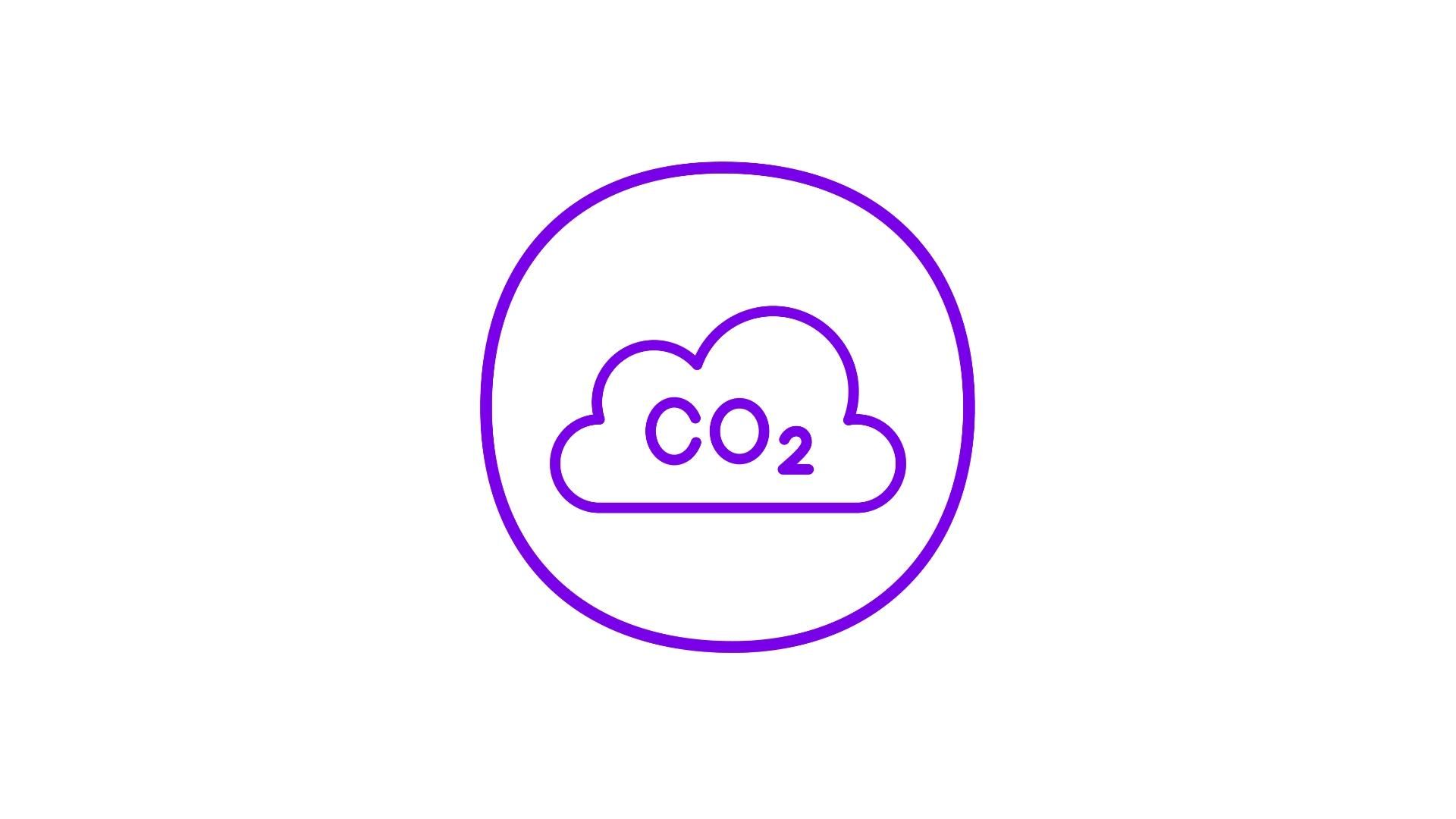 A purple cloud icon with CO2 text displayed inside it, all enclosed within a purple circular border 