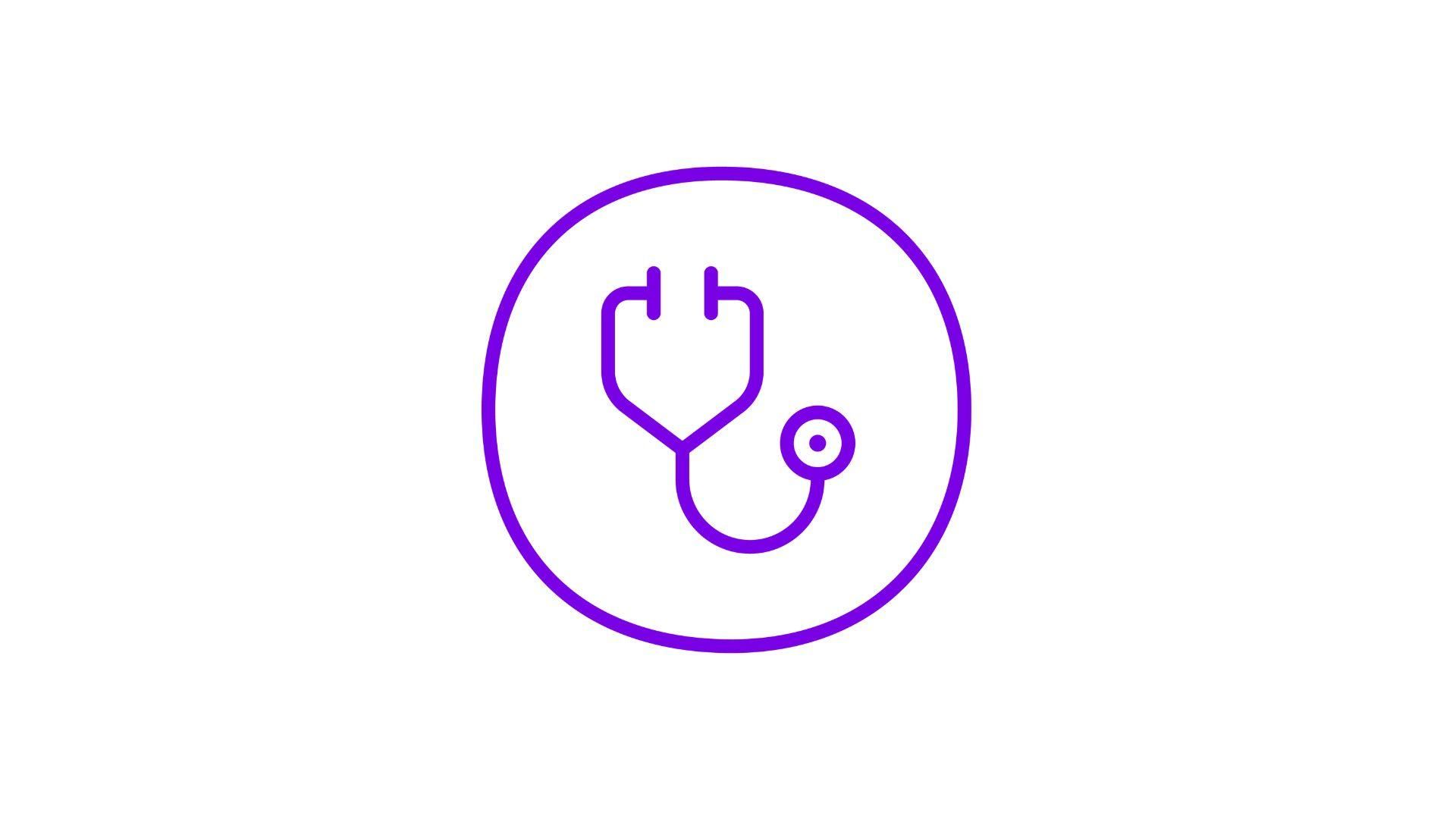 A simple, stylized icon of a medical stethoscope in solid purple. The design shows two earpieces connected by a tube, ending in a small circular chest piece. The icon is set against a plain white background.