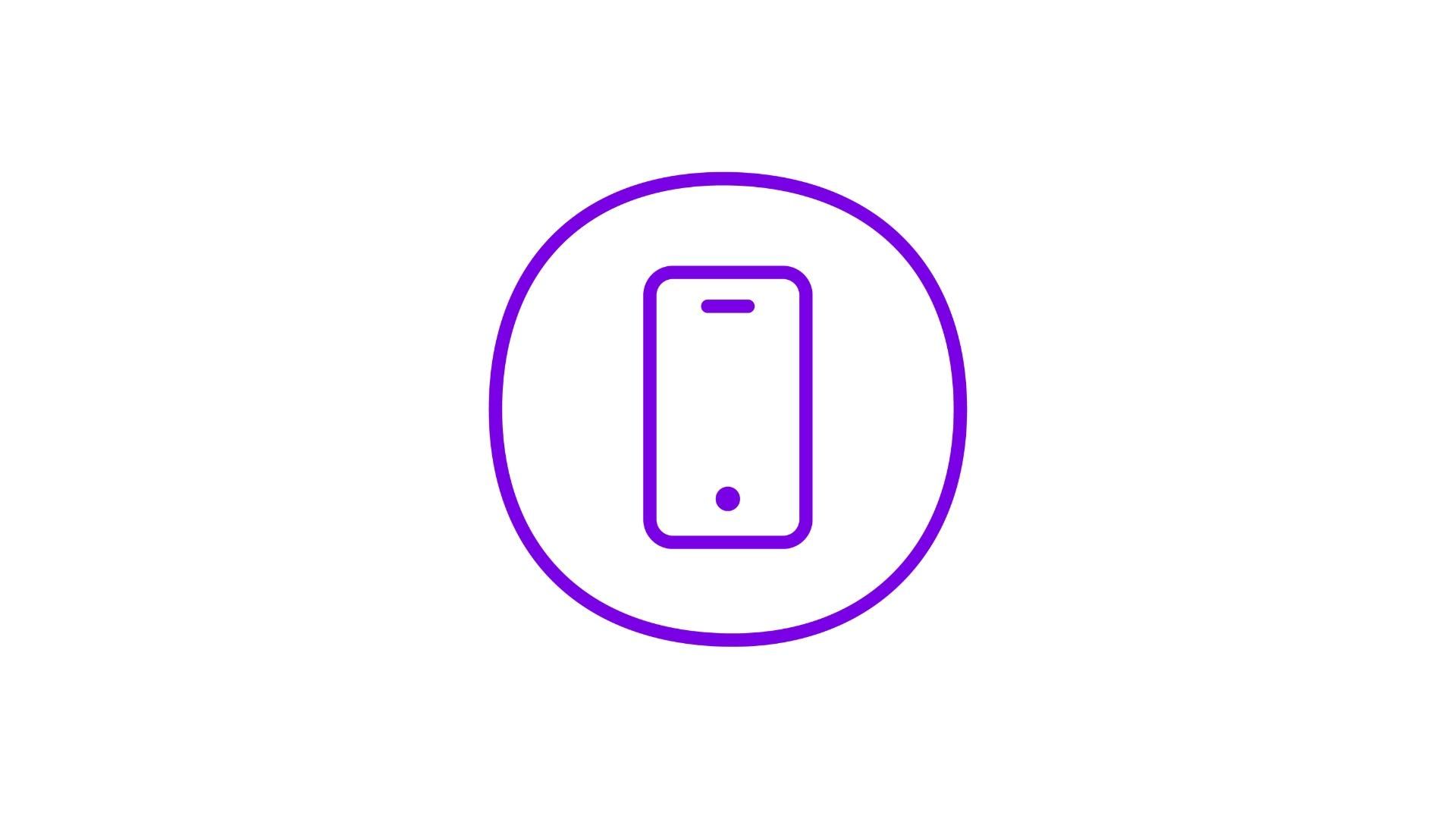 A purple icon of a rectangular smartphone surrounded by a purple circle 